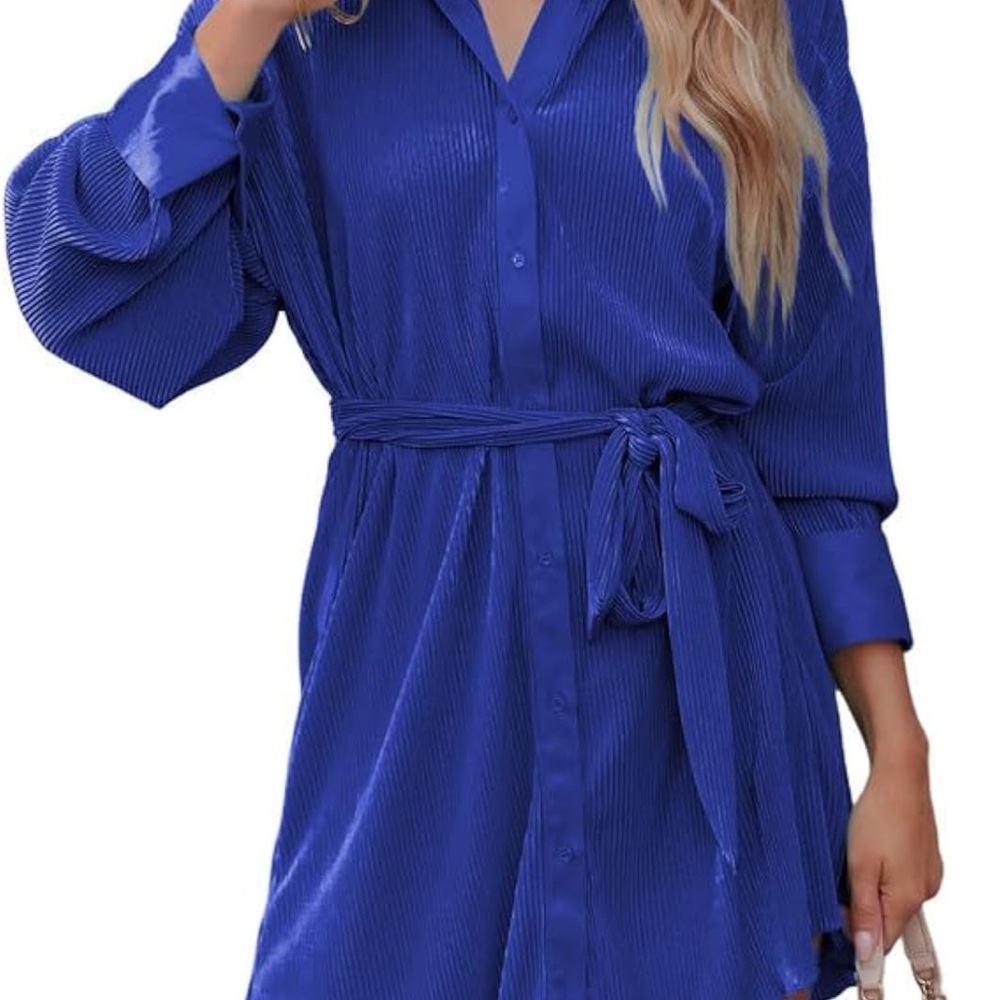 Long Sleeve Tie Waist Pleated Casual Mini Shirt Dress